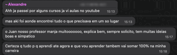 Mensagem do aluno Alexandre no grupo da turma
