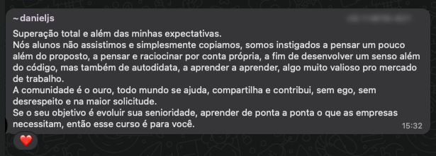 Mensagem do aluno Daniel no grupo da turma