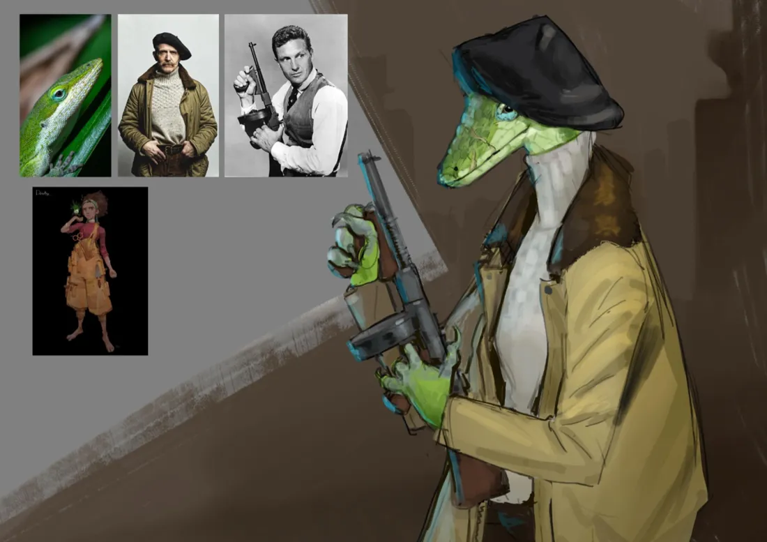 Lagarto mafioso com referências de pose e figurino